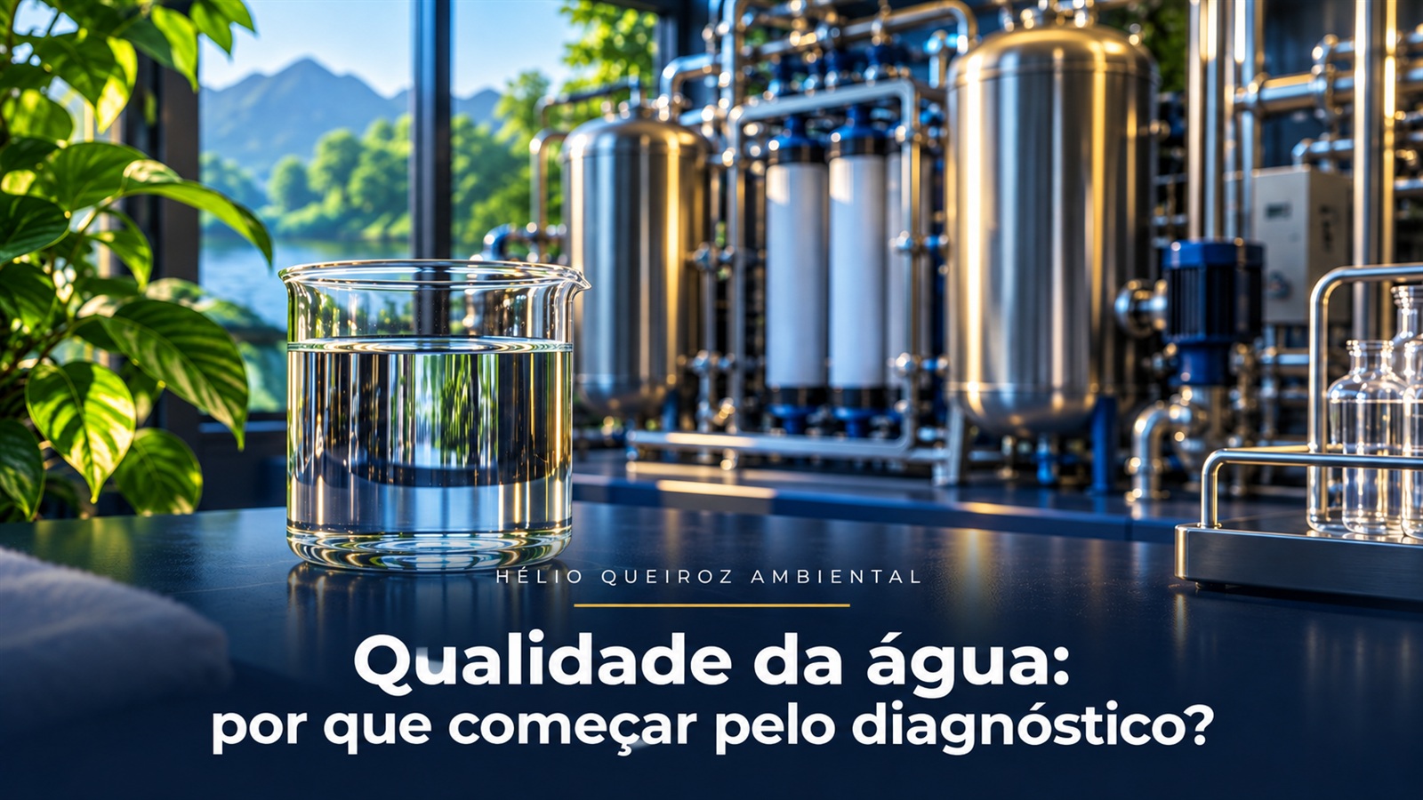 Béquer com água em laboratório ao lado de sistema de tratamento, com janela para paisagem natural